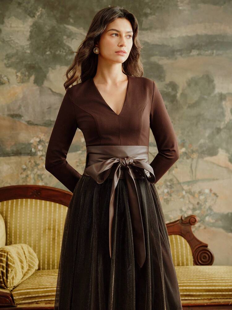 Anewsta Elegant Vintage Elegant V-Neck Long Sleeve Fitted Waist Belt Shiny Mesh Flared Dress For Women, Autumn/Winter