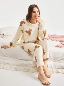 Bonmuse 两件套冬季睡衣套装，法兰绒睡衣套装，可爱小熊印花，简约时尚睡衣，两件套，秋冬服装