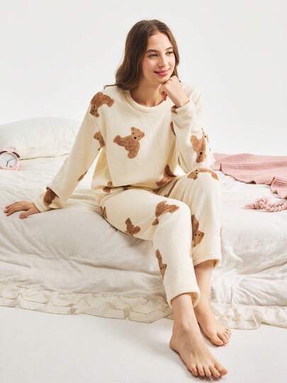 2pcs Winter Sleepwear Set, Flannel Pajama Set With Cute Bear Print, Simple And Fashionable Sleepwear,Two Pieces Set, Fall Winter Clothes