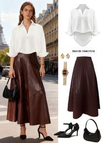 Cévolie 女士时尚通勤长皮裙