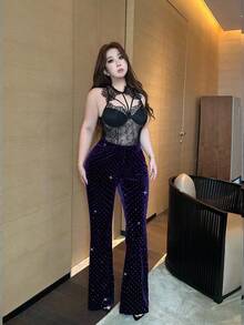Flirla Pantalones de pierna acampanada con ajuste ceñido y adornos de strass negros para tallas grandes - Azul Marino - Ver 6