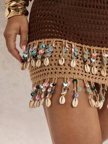 SHEIN Glamour Váy quấn ren hoa phong cách Bohemian - Cà phê nâu - Xem 6