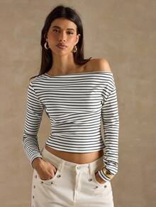 SHEIN BAE 女式休闲不对称领条纹T恤，秋季 - 白色 - 查看 4