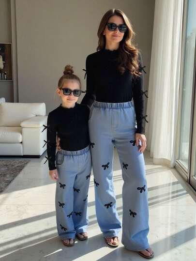 SHEIN 女式复古蝴蝶装饰黑色罗纹面料长袖上衣和非弹力水洗黑色蝴蝶刺绣长裤套装，秋冬