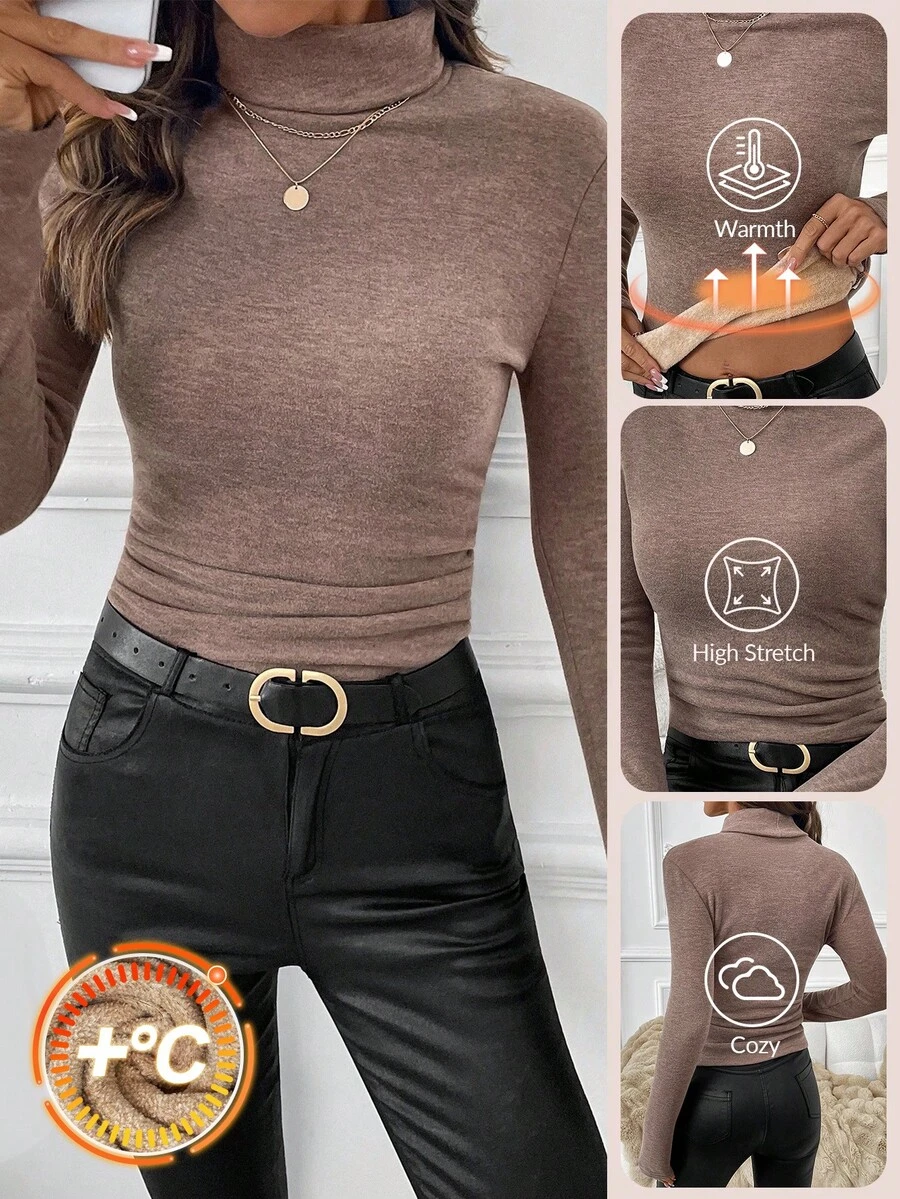 SHEIN Clasi 女款高領 T-shirt 摩卡棕色,秋季百搭日常保暖內裡長袖上衣,優雅冬季秋冬聖誕新年款 - 咖啡棕 - 查看 1