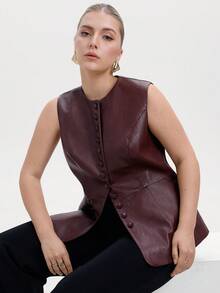 Aveloria Modichic Áo vest da PU cổ tròn không tay ôm vừa vặn có nút trang trí cỡ lớn cho nữ - Màu Đỏ Sâu - Xem 1