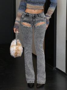 SHEIN EZwear Y2K 低腰水钻条纹紧身牛仔裤，浅灰色 - 灰色 - 查看 7