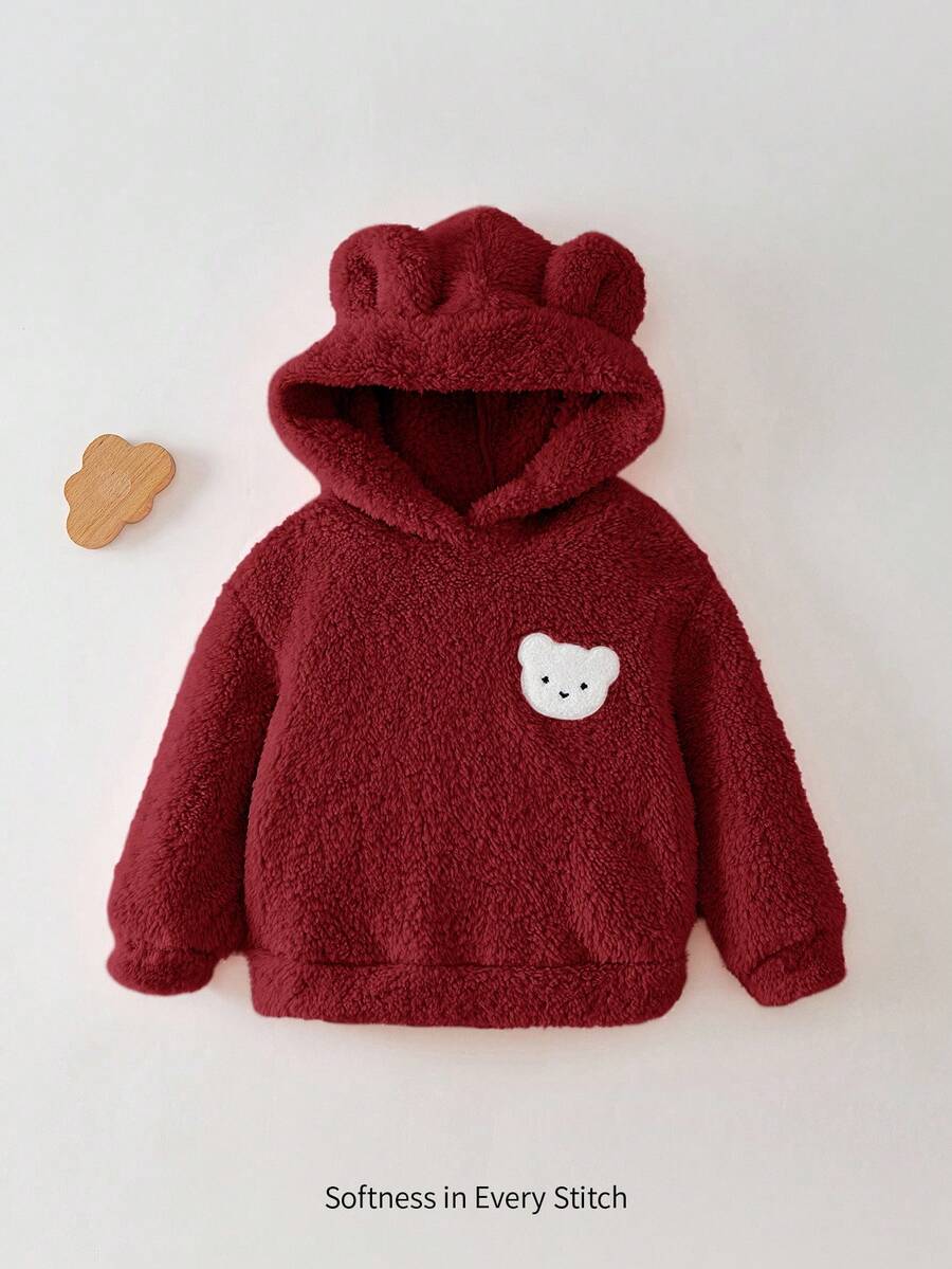 Cozy Pixies 女婴卡通熊耳套头卫衣，保暖内衬基础款，适合室内、户外滑雪、日常穿着、运动、玩耍、聚会、拍照、圣诞节、秋冬季节穿着。2-3岁幼儿冬季服装，幼儿抓绒卫衣，婴儿卫衣，婴儿熊外套。 - 酒紅色 - 查看 1