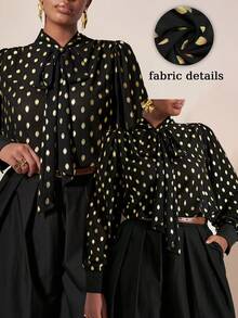 EMERY ROSE Plus Size Women's Vintage Elegant Commute & Party Series Black Gold Foil Chiffon Stand Collar Bowknot Decor Puff Sleeve Double-Breasted Shirt, Loose Fit Long Sleeve Blouse - Black - View 1