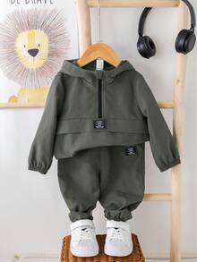 2 件男婴灰色秋季装饰针织连帽套头衫和松紧腰裤套装，休闲运动百搭服装，适合户外和室内穿着