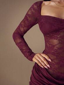 SHEIN BAE 勃艮第花蕾丝拼布圆领长袖镂空后背性感优雅精致迷你连衣裙，适合鸡尾酒会、浪漫约会、秋冬汗衫裙、派对、正式聚会、夜间外出连衣裙、婚礼宾客连衣裙、万圣节连衣裙、圣诞节连衣裙 - 酒紅色 - 查看 8