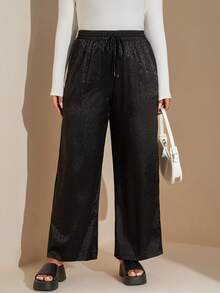 SHEIN Tall CURVE Pantalon décontracté ample avec cordon de serrage et poches, imprimé léopard grande taille - Noir - Voir 4