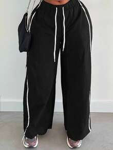 Alexandranx Women's Loose Fit Drawstring Waist Contrast Color Sports Harem Pants - Black - View 3