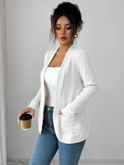 SHEIN PETITE 女式休闲罗纹拉绒前开侧袋短款轻便夹克