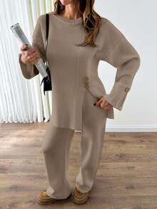 EURMUSE 2pcs/Set Women's Fashionable Design Loose Slit Knit Sweater And High Waist Wide Leg Pants Set, Autumn/Winter - Beige - View 6