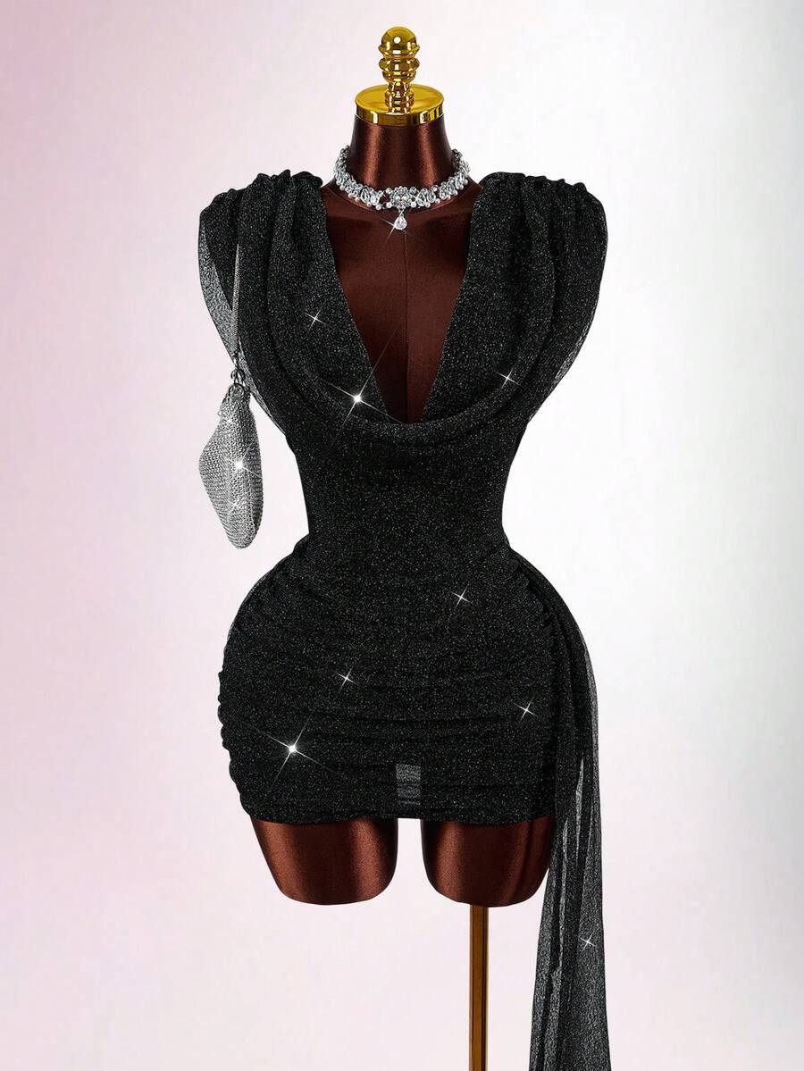 Amplova Damen Glitzer Mini-Kleid mit tiefem Ausschnitt, tailliert, Partykleid