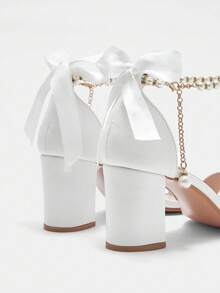 CUCCOO CURVES Plus Size Women Fashionable White Faux Pearl Chain Ankle Strap Comfort High Heel Sandals For Christmas - White - View 9