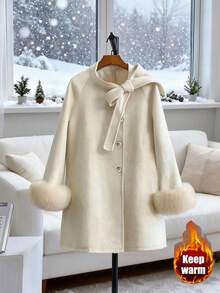 GlowEve Women's Solid Color Bow Collar Decorative Raglan Sleeve Elegant Overcoat, Autumn/Winter - Apricot - View 3