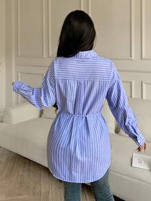 Women's Fashion Casual Striped Print Tie-Up Button Down Shirt - Blue - View 6