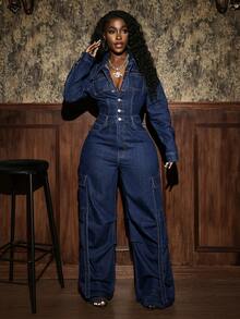Slaydiva Women's Long Sleeve Casual Denim Jumpsuit With Multiple Pockets And Button Half Placket - Blue - View 1