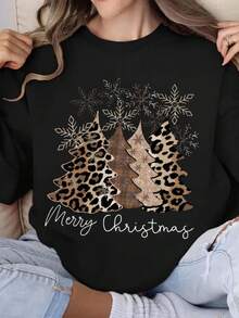 Linhara 女士豹纹圣诞树印花卫衣 - 长袖圆领套头衫，饰有金色亮片，四季皆宜的休闲卫衣（可机洗），适合节日派对、圣诞节装扮和日常休闲穿着 - 黑色 - 查看 3