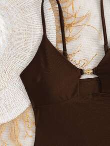 Swim Chiccia 女士海滩夏季音乐节细肩带金属饰品打结丁字裤成熟度假风格比基尼套装 - 棕色 - 查看 4