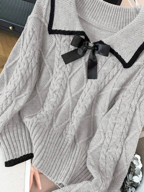 Regalyn Plus Size Elegant Luxury Gray Peter Pan Collar Bowknot Fitted Long Sleeve Knit Sweater, Thick