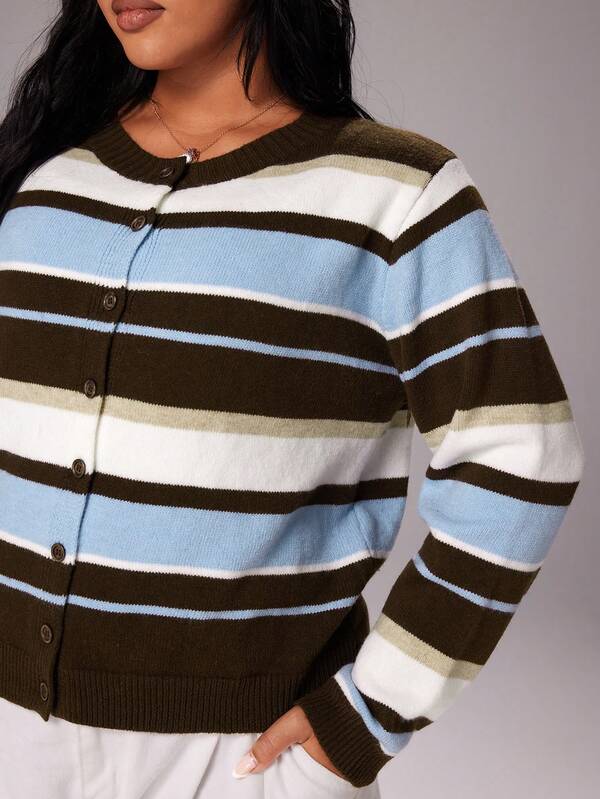 Rustia Plus Size Women Casual Cute Fashion Asymmetrical Colorblock Striped Long Sleeve Knit Cardigan, Autumn/Winter Casual