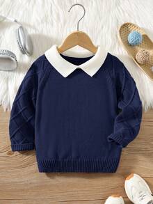 SHEIN Young Boys' Khaki Textured Casual Comfortable Versatile Contrast Color Collar Thick Sweater, Back To School, Autumn/Winter - Navy Blue - View 3