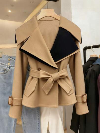 GlowEve Fashionable Color Block Lapel Belted Jacket, Autumn/Winter
