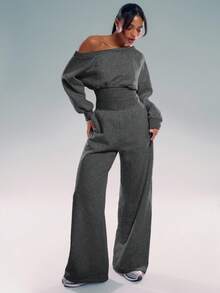 MUSERA 不对称肩部束腰阔腿连体裤，休闲夏季度假返校冬季居家舒适休闲春季机场穿搭 - 深灰色 - 查看 4