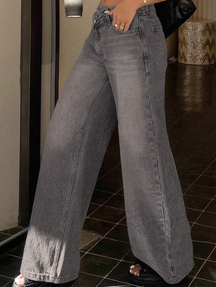 Women's Tall Oblique Placket Loose Casual Straight Leg Jeans, Street Style Relaxed Pants