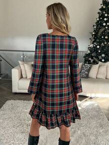 Easowa 圣诞红格子女式迷你连衣裙，圆领灯笼袖，荷叶边下摆，3D 花卉装饰 - 黑色 - 查看 2