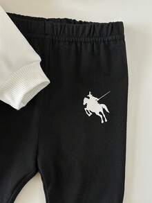 Babygirl 可爱针织印花卫衣和松紧腰裤套装，秋冬 - 黑與白 - 查看 8