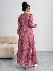 Modelyn Plus Size Elegant Floral Print Twist Waist Dress For Commuting - Multicolor - View 3