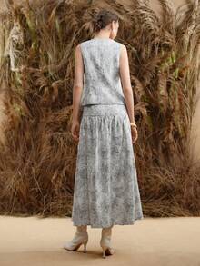 Arave 女士提花梭织棉混纺面料，圆领，前开半开，按扣开合，腰部收紧 A 领短裙，休闲日常两件套 - 灰色 - 查看 5