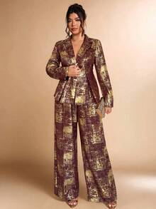 Cravure Plus Size Women's Metallic Foil Elegant Suit Set, Suitable For Party And Office, Autumn/Winter - Burgundy - View 4