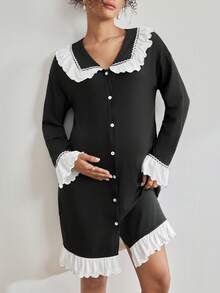 Moonlight&Mama Maternity Daily Wear Contrast Color Single-Breasted Pajamas, Winter - Multicolor - View 3