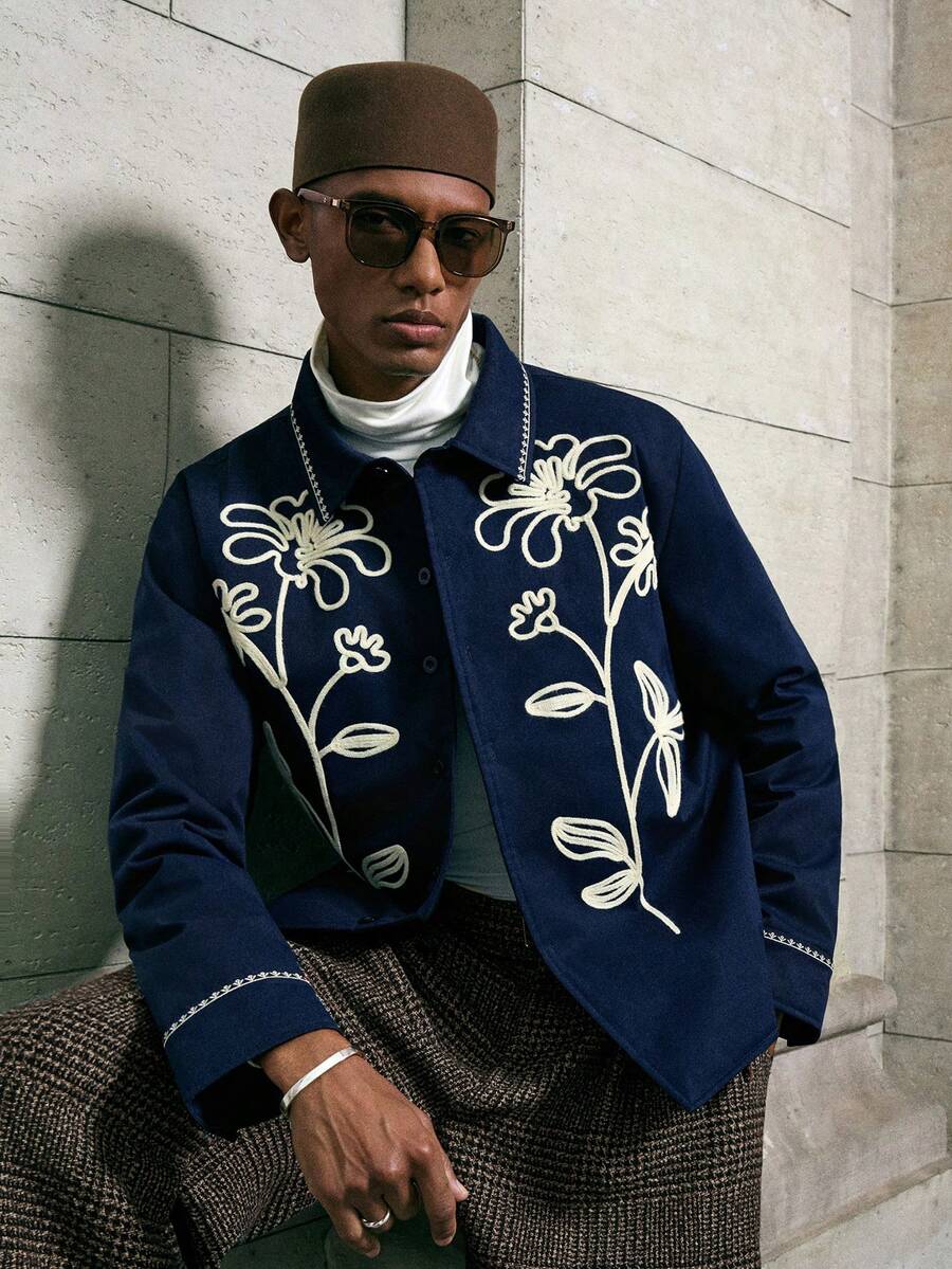 AKNOTIC 男士时尚钩针单排扣长袖羽绒服，秋冬款 - 藍色 - 查看 1