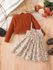 SHEIN Baby Girl Cute Casual Knit Cardigan Ditsy Floralnt Dress Set