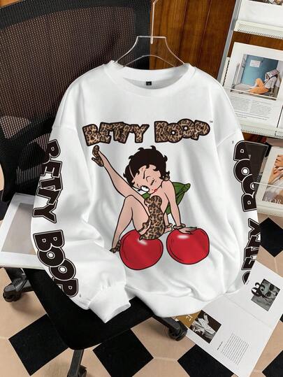 Betty Boop x SHEIN Sudadera casual de cuello redondo con gráfico de letras y figuras para mujer, otoño