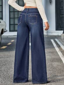 SHEIN Tall سراويل جينز نسائية ذات قدم واسعة متعددة الاستخدامات بلون أحادي - أزرق داكن - مشاهدة 2