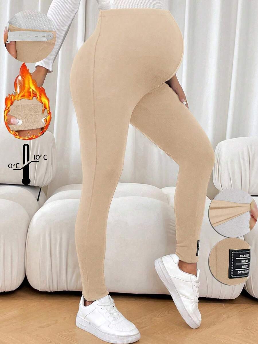 SHEIN Maternity Solid Color Adjustable Waist Casual Fleece Leggings