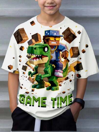 Teen Boys' Casual Minimalist Short Sleeve Round Neck T-Shirt, Suitable For Autumn/Winter. Dinosaur, Sunglasses, Dinosaur Rider, Rock, Game, Game WorldTeen Boyuare, Kids Graphic T-Shirts