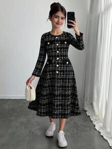 Tween Girl Autumn/Winter Color Block Splice Elegant Fitted A-Line Button Decor Long Dress, Black - Coffee - View 7
