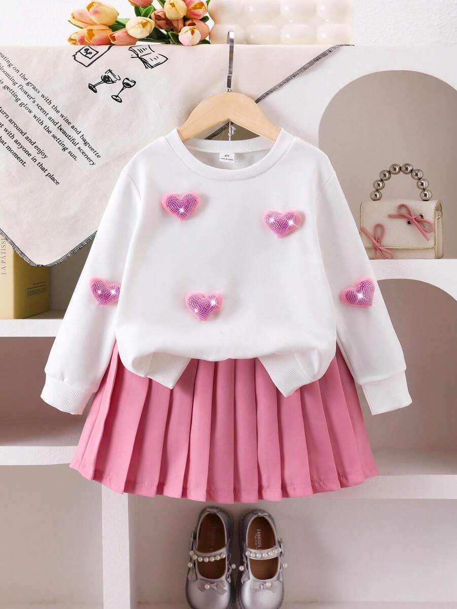 Elladie kids 2pcs/Set Girls Sweatshirt & Pleated Skirt Set, Long Sleeve Crew Neck Sweatshirt With 3D Heart Decor, Skirt, Spring/Autumn - White - View 1