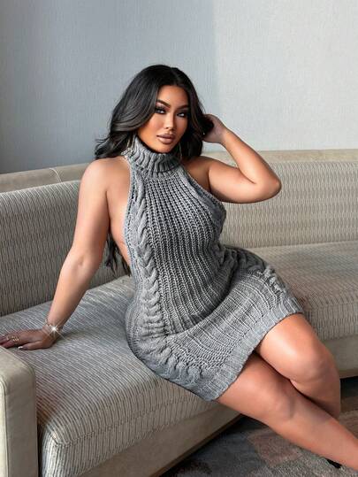 NU&NOW 大码女式秋冬毛衣裙，无袖连衣裙，纯色，灰色，高领，吊带裙，设计感