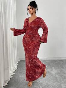 SHEIN Elenzya Plus Size Women Knit Printed Mesh Regular Fit Flare Sleeve V-Neck Waist Cinched Dress, Elegant For Autumn/Winter - Red - View 5