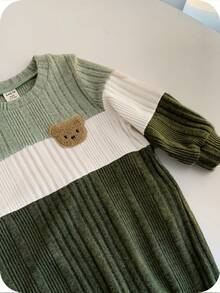 SHEIN Setelan Jumpsuit Lengan Panjang Rajut Rib Termal Warna Hijau Sage untuk Bayi Laki-laki, Baju Terusan Sweater Seragam Lucu dan Sopan untuk Balita di Musim Gugur. - Biru - View 5