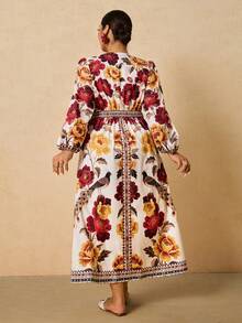Travachic 大码女式黑红花卉印花长裙，V领长袖长裙，秋季连衣裙 - 彩色 - 查看 5